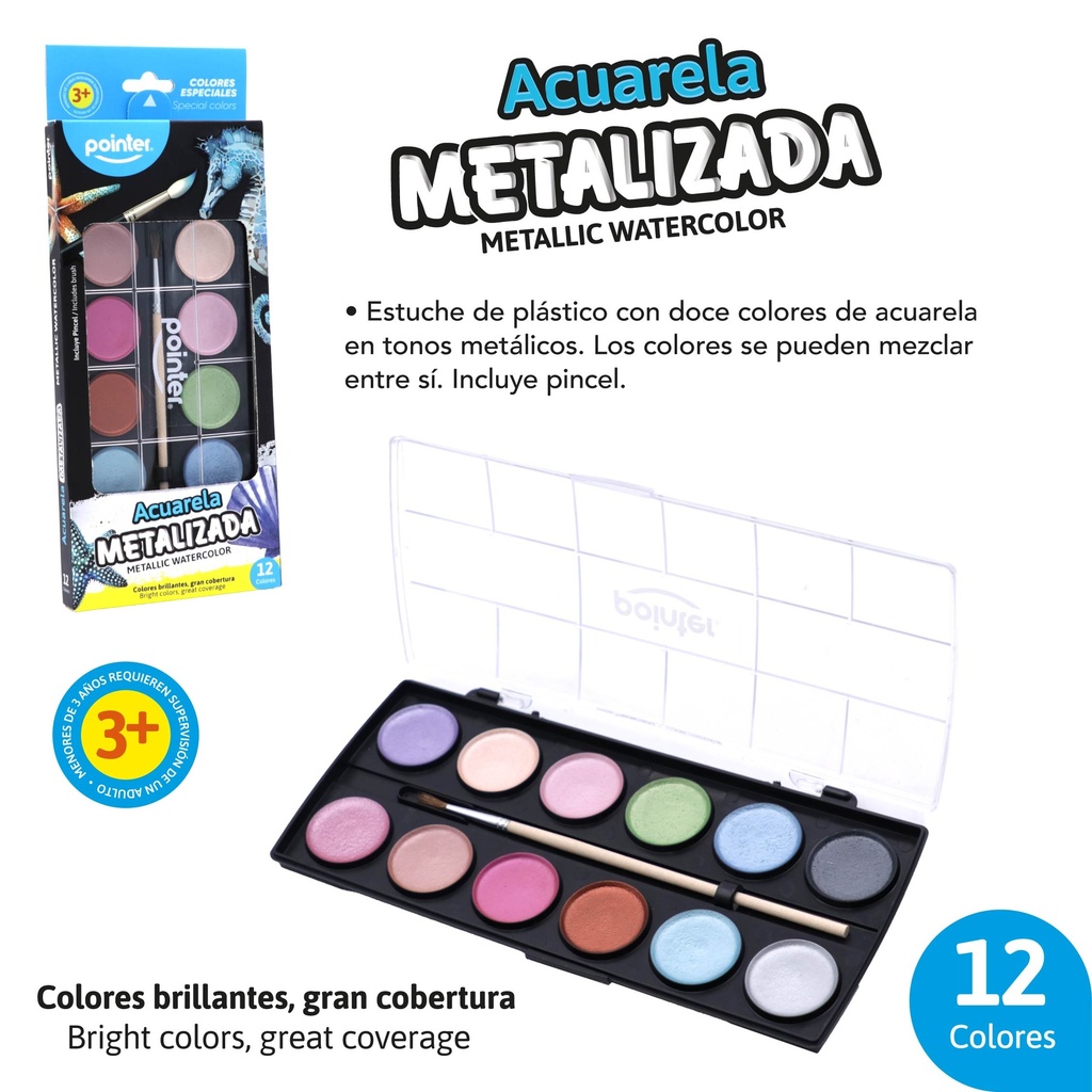 SET DE ACUARELA METALIZADA x12 COLORES CON PINCEL