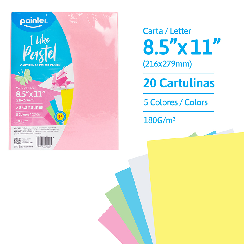 CARTULINAS COLOR PASTEL x20UND - CARTA (21.6 x 27.9CM)