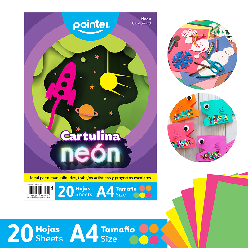 CARTULINA NEON COLORES SURTIDOS A4 x20UND