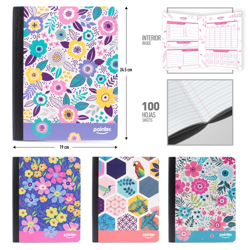 CUADERNO COSIDO A4 DOBLE LINEA x100 HOJAS (FLORES)