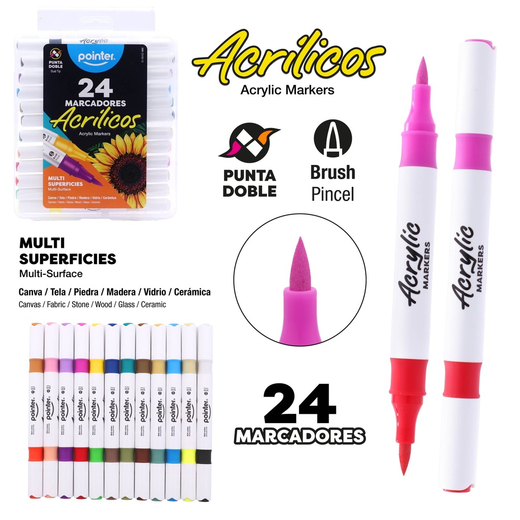 MARCADORES ACRILICOS DOBLE PUNTA x12 PZAS/x24 COLORES
