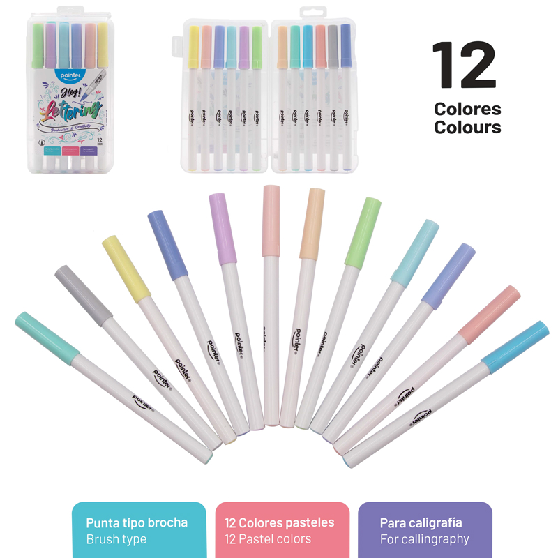 SET DE MARCADORES LETTERING PUNTA PINCEL x12 COLORES PASTEL