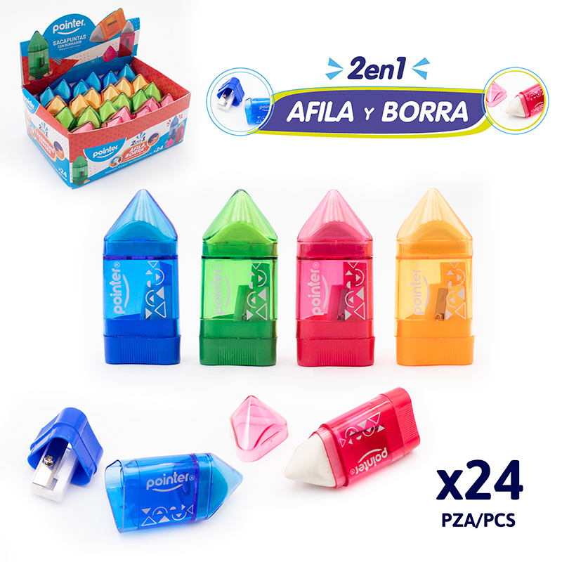 SACAPUNTAS PLASTICO CON DEPOSITO Y BORRADOR 