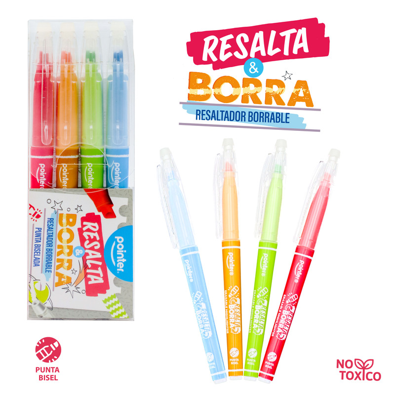 RESALTADOR BORRABLE PUNTA BISELADA x4PZS