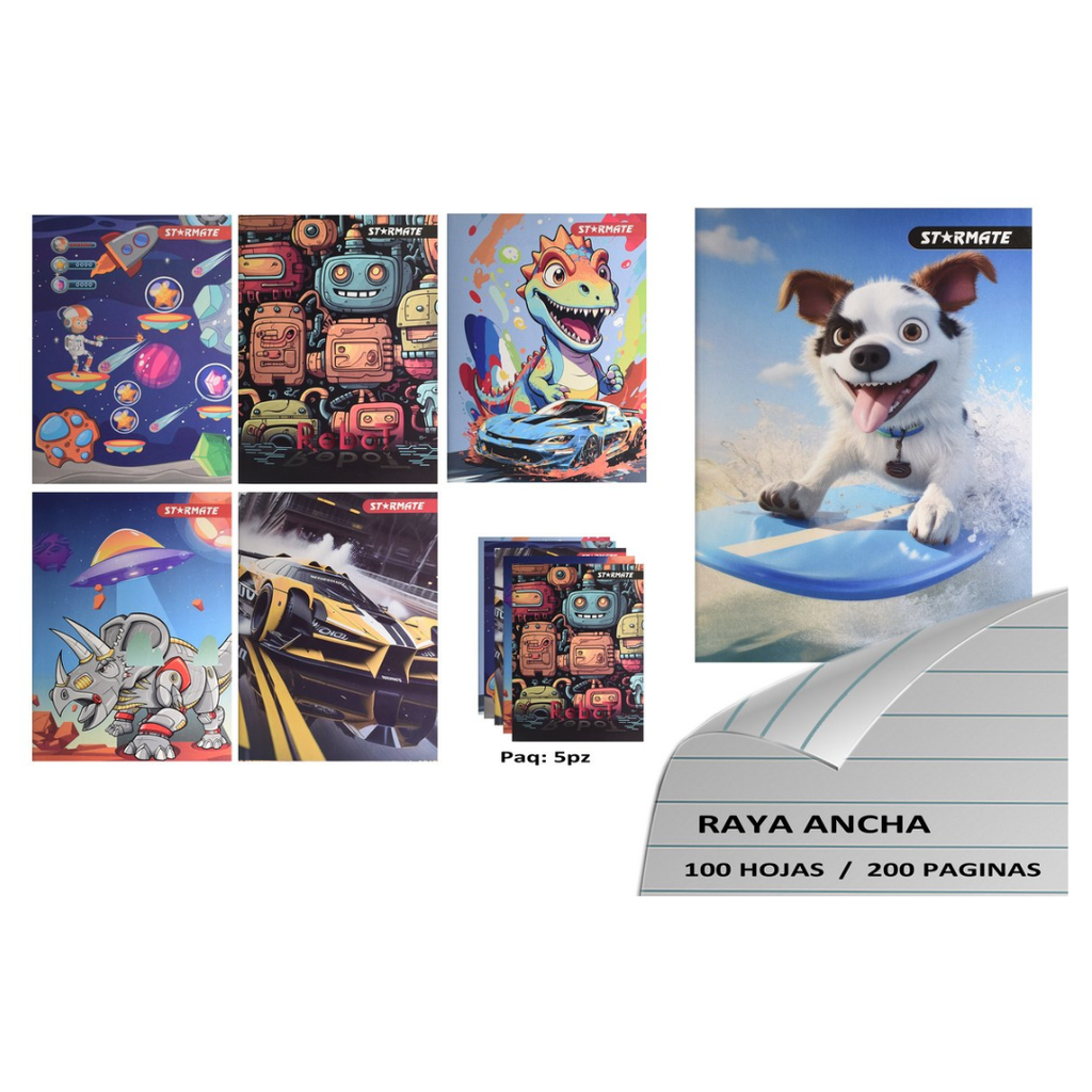 CUADERNO GRAPADO 14.2X20.4CM, 5PCS R.ANCHA 100PAG.DISEÑO NIÑOS