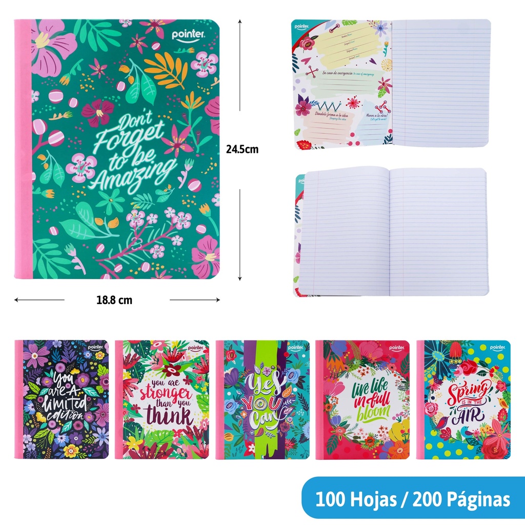 CUADERNO COSIDO A4 RAYA ANCHA x100 HOJAS (FLORES)