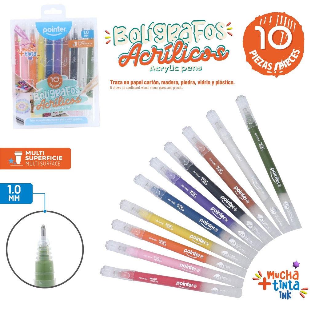 BOLIGRAFOS TINTA ACRILICA 10 COLORES