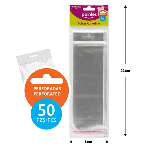 [OBH-39] BOLSAS DE CELOFAN ADHESIVAS PERFORADAS x50PZAS - 7.6x23CM