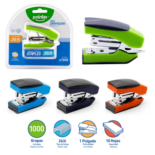 [ST-631D] SET MINI GRAPADORA CON CAJA DE GRAPAS LISAS 26/6
