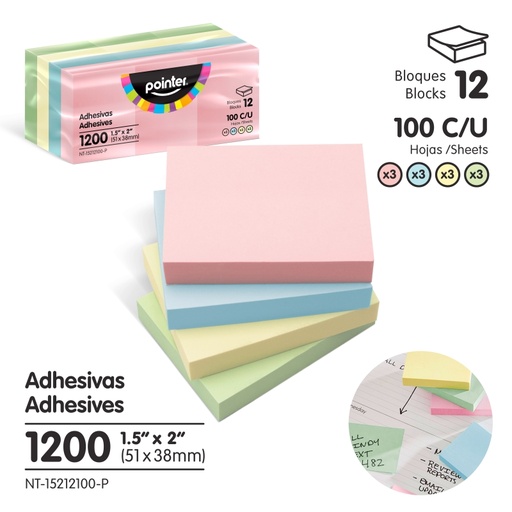 [NT-15212100-P] NOTAS ADHESIVAS PASTEL - 1.5x2" x12 BLOQUES