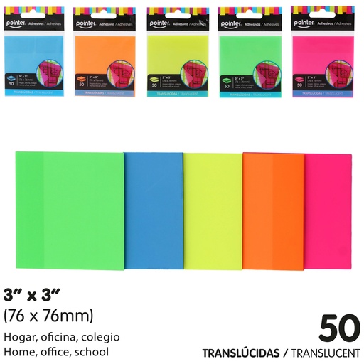[STN-08-50-N] NOTAS ADHESIVAS TRANSLUCIDAS NEON - 76 x 76MM x50 HOJAS