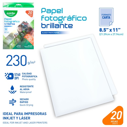 [PP-1201-230] PAPEL FOTOGRAFICO BRILLANTE 230G - CARTA (21.6 x 27.9CM)