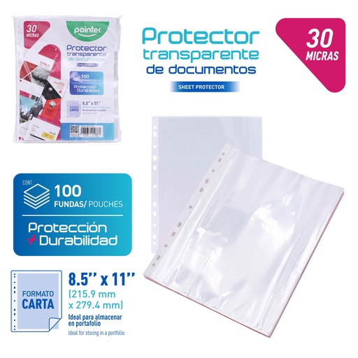 [PNT-FP-3-100] FUNDAS PROTECTORAS TRANSPARENTES 30 MICRAS - 100 HOJAS 21,6x27,9Cm