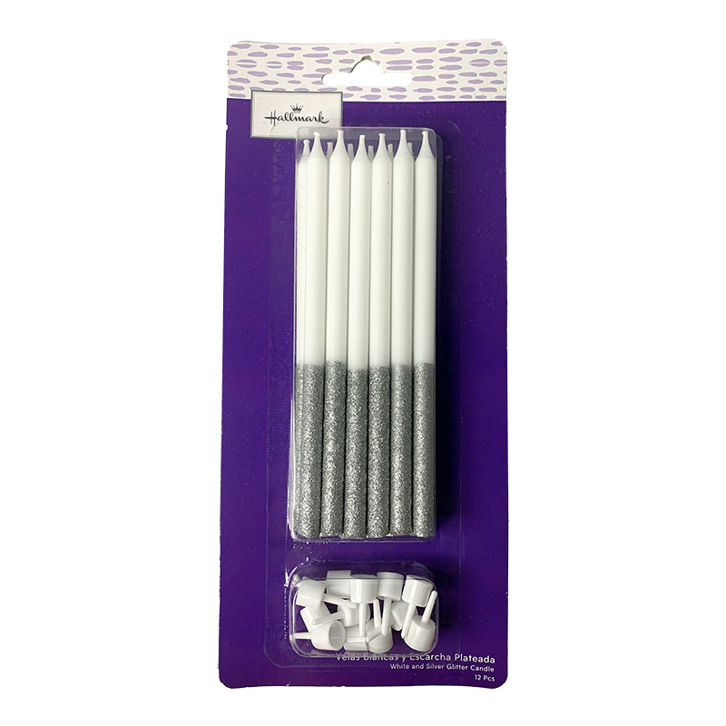 VELAS BLANCAS CON ESCARCHA PLATEADA