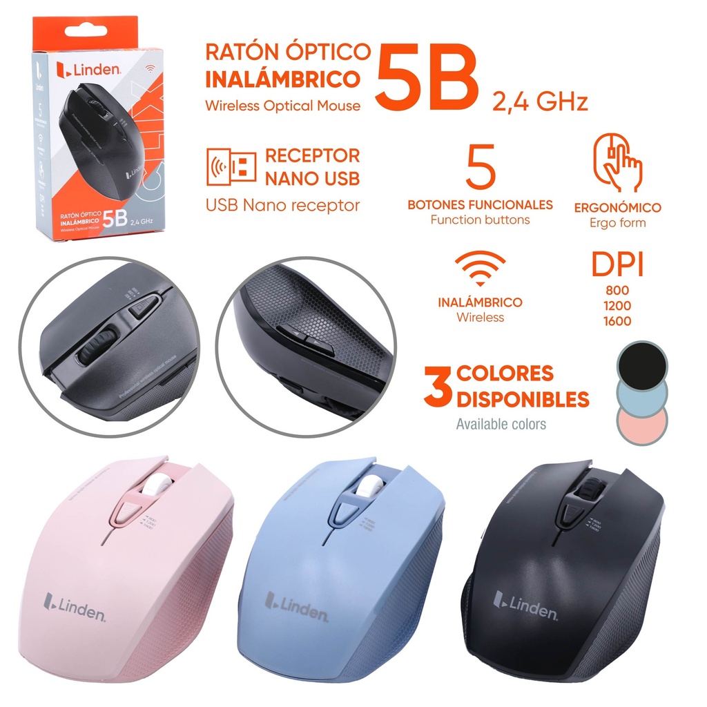 RATON OPTICO INALAMBRICO 5B 2.4GHZ