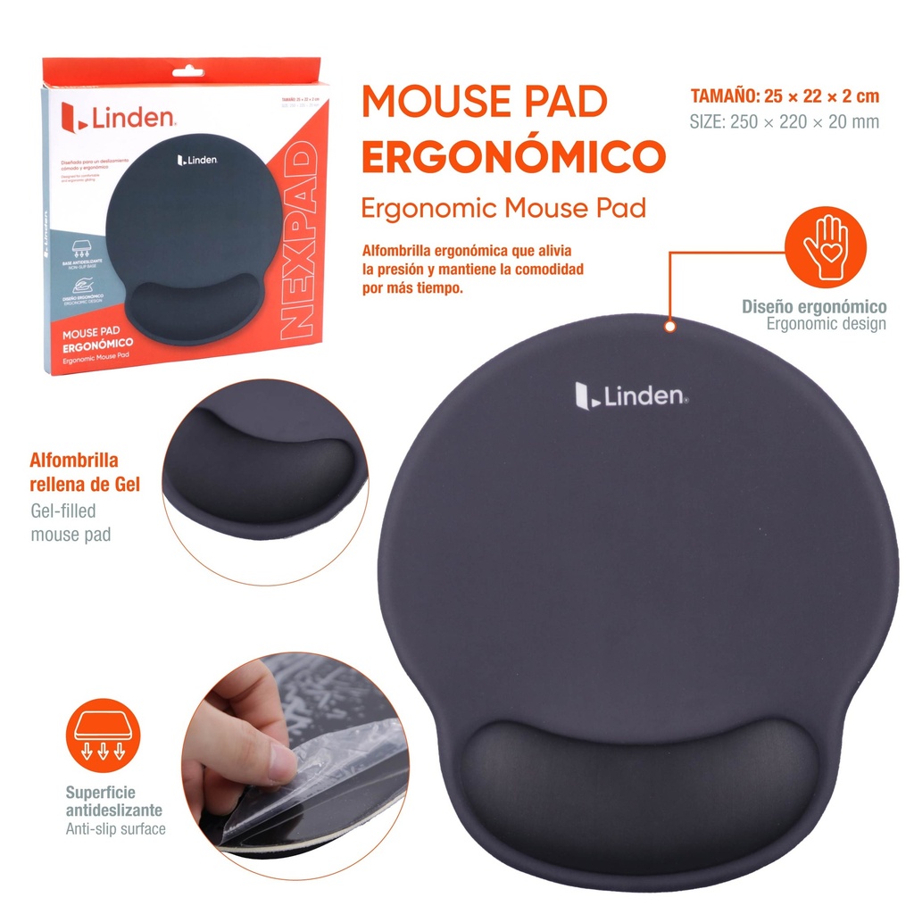 MOUSE PAD ERGONOMICO GEL 25X22CM NEGRO