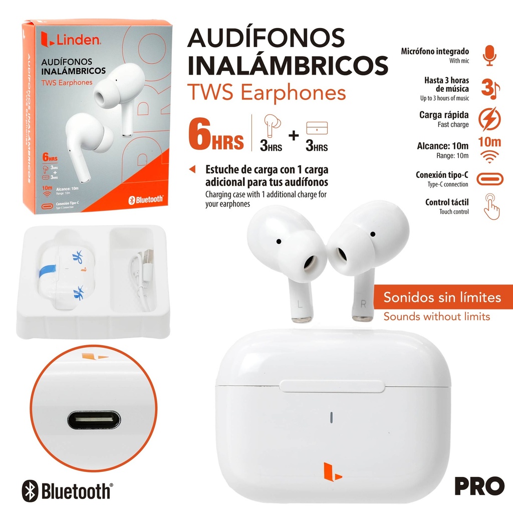 AUDIFONOS INALAMBRICOS TWS 6HRS TIPO C