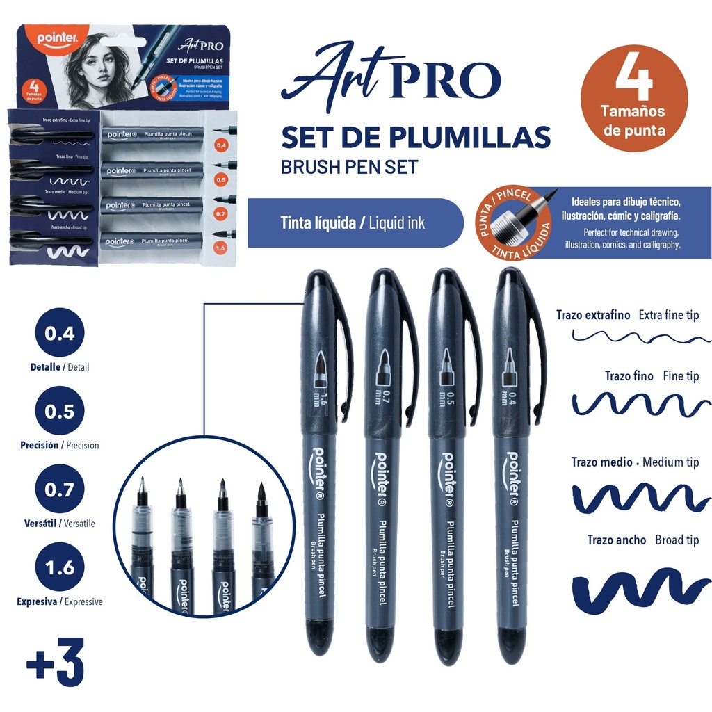 SET PLUMILLAS TINTA LIQUIDA 4 PUNTAS