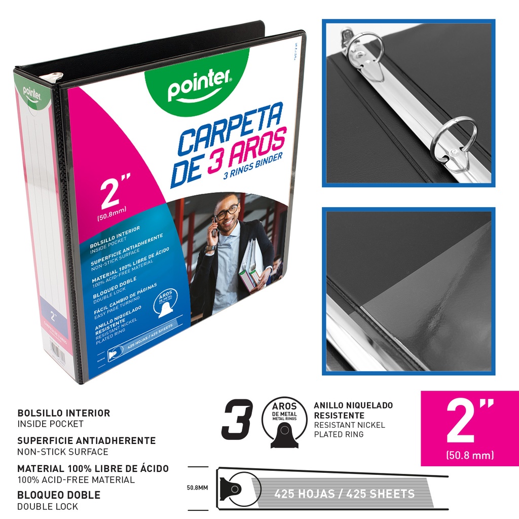CARPETA 3 AROS 2 PLGS NEGRO 425 HOJAS