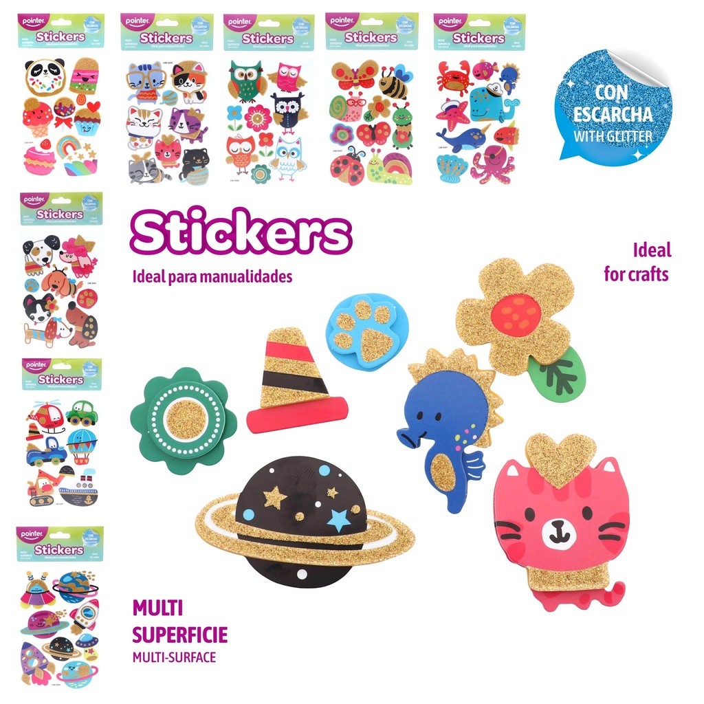 STICKERS CON ESCARCHA ANIMALES Y PLANETAS