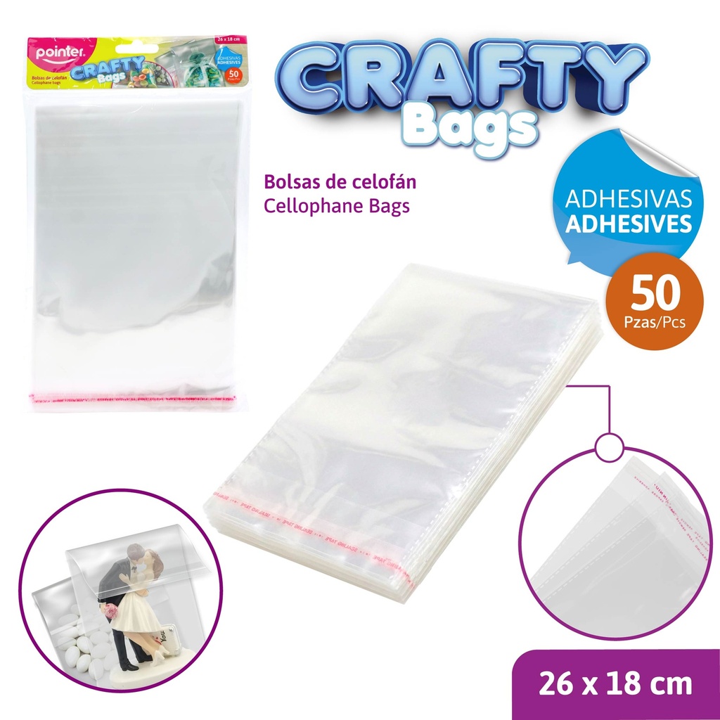 BOLSAS DE CELOFAN ADHESIVAS x50PZAS - 26 x 18CM