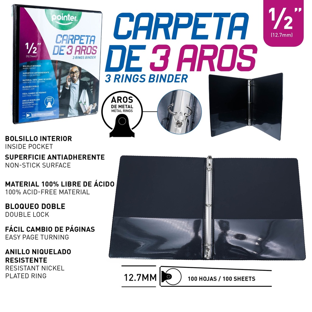 CARPETA 3 AROS 1/2" - NEGRA