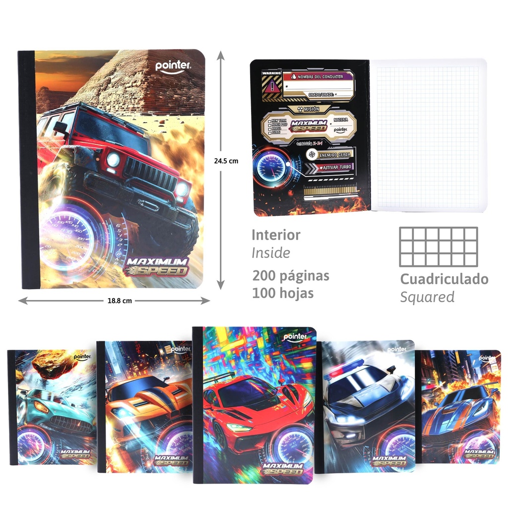 CUADERNO COSIDO CARROS - CUADRICULADO x100 HOJAS