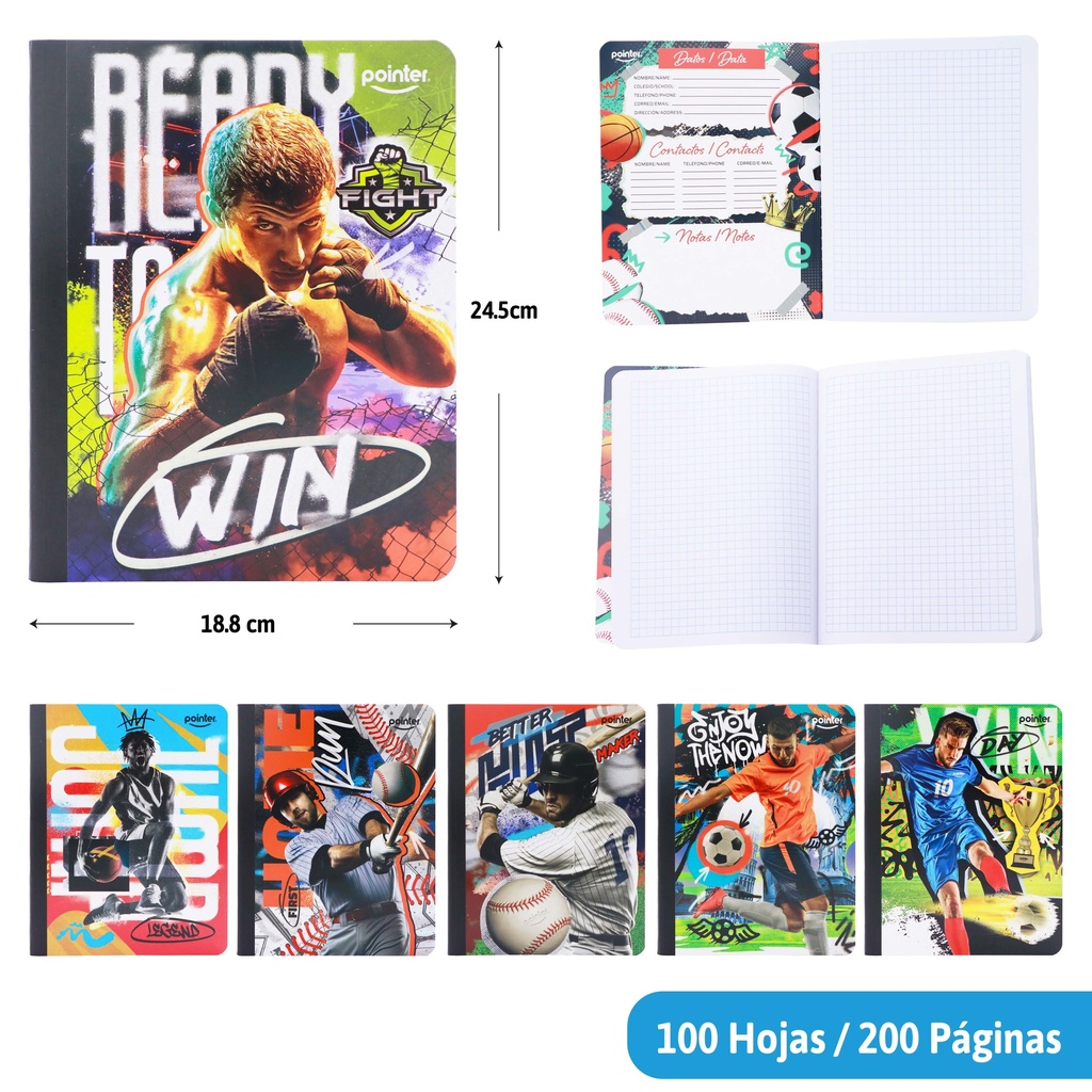 CUADERNO COSIDO A4 CUADRICULADO x100 HOJAS (DEPORTE)