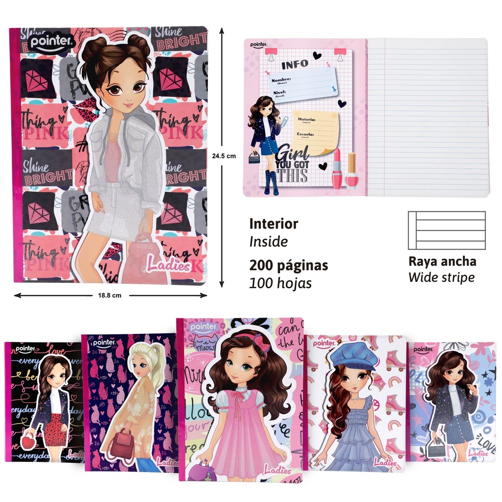 CUADERNO COSIDO LADIES (GLITTER) - RAYA ANCHA x100 HOJAS
