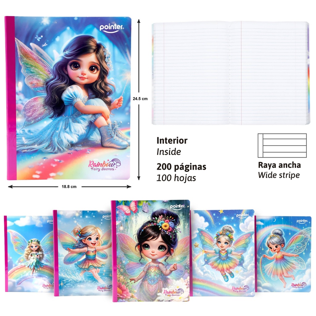 CUADERNO COSIDO RAYA ANCHA 200 PAGINAS (HADAS) GLITTER