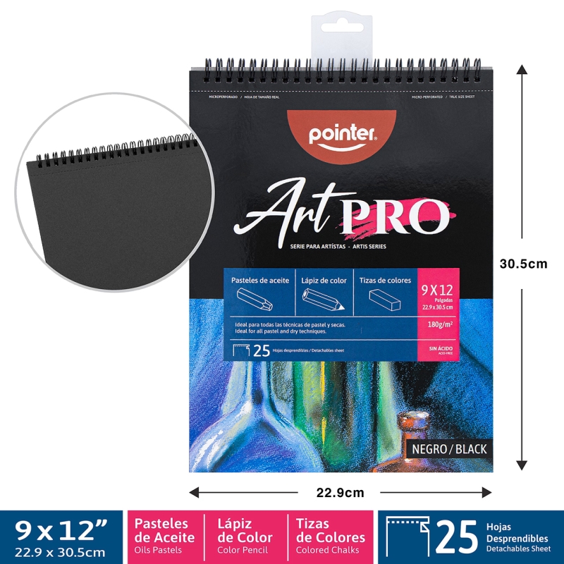 BLOCK ART PRO NEGRO 9x12" - PASTELES DE ACEITE, LAPIZ Y TIZAS DE COLORES 