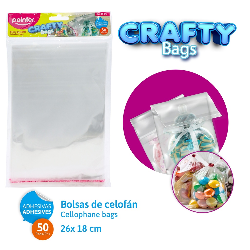 BOLSAS DE CELOFAN ADHESIVAS x50PZAS - 26x18CM