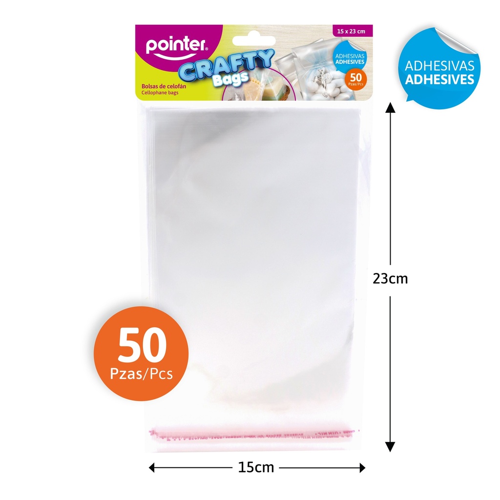 BOLSAS DE CELOFAN ADHESIVAS x50PZAS - 15x23CM