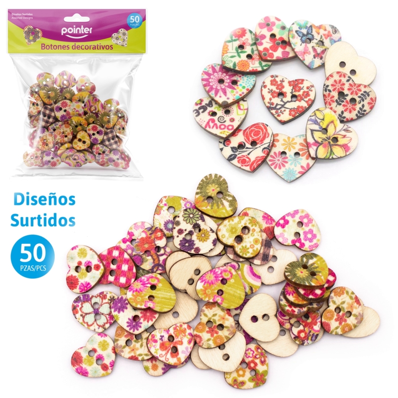 BOTONES DECORATIVOS DE MADERA ESTAMPADOS (CORAZONES) - x50PZAS 