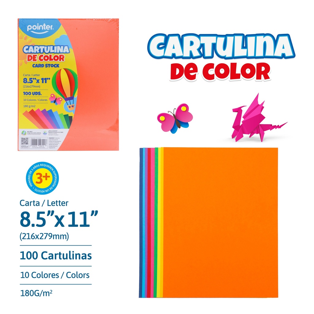 CARTULINA DE COLORES SURTIDOS x100UND - CARTA (21.6 x 27.9CM)
