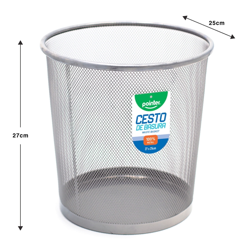 CESTO METALICO REDONDO PARA BASURA (PLATEADO) 27x25Cm