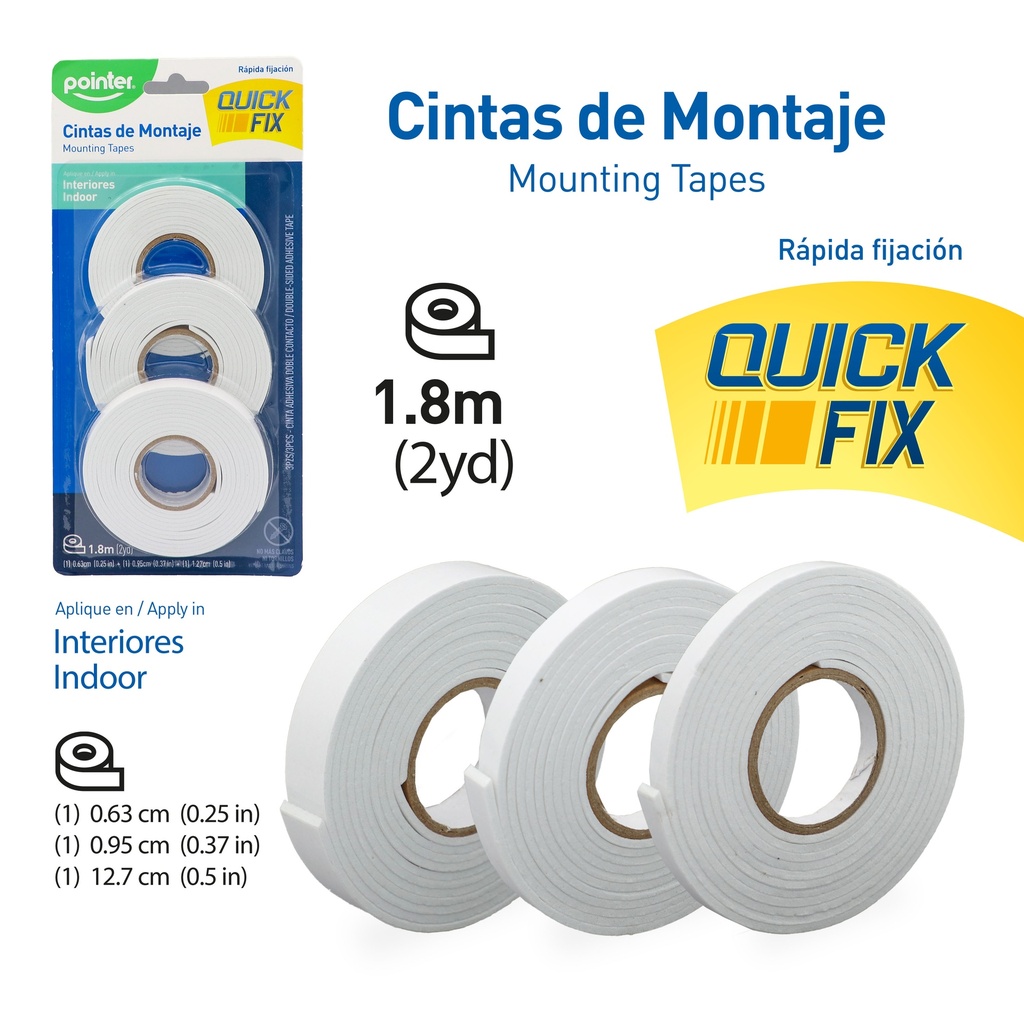 CINTA ADHESIVA DOBLE CONTACTO 1,8MTS x3UND - (1x0.63CM, 1x0.95CM, 1x1.27CM)