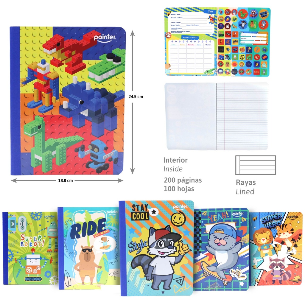CUADERNO COSIDO A4 RAYA ANCHA x100 HOJAS (STICKERS)