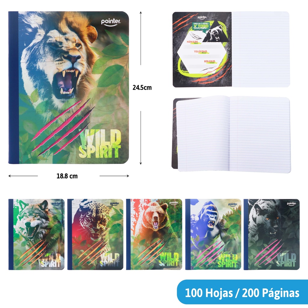 CUADERNO COSIDO A4 RAYA ANCHA x100 HOJAS (ANIMALES SALVAJES)