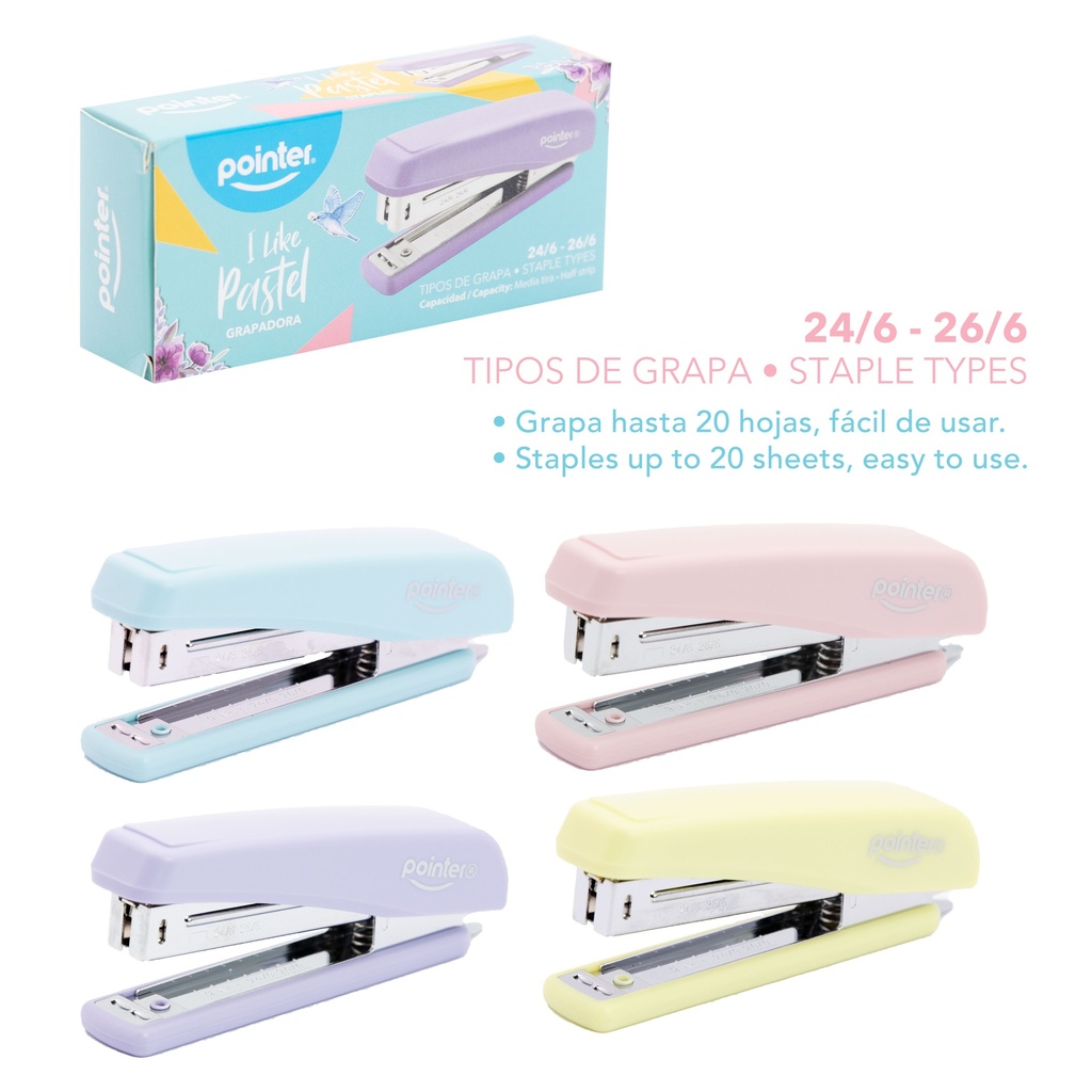 GRAPADORA PLASTICA MEDIA TIRA (PASTEL) - 20 HOJAS