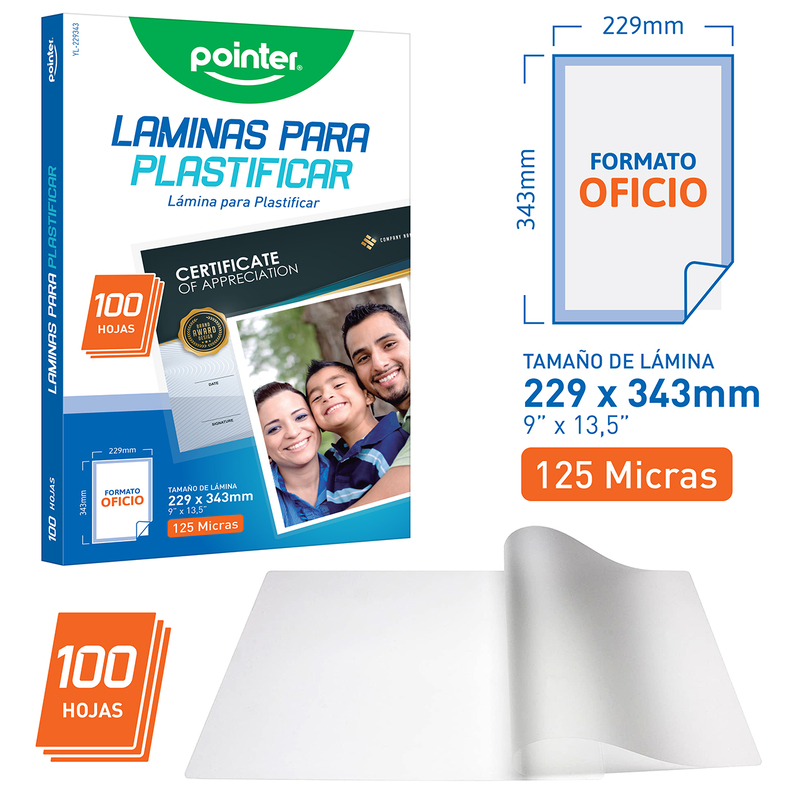 LAMINAS PARA PLASTIFICAR 125 MICRAS - OFICIO (22.9 x 34.3CM)