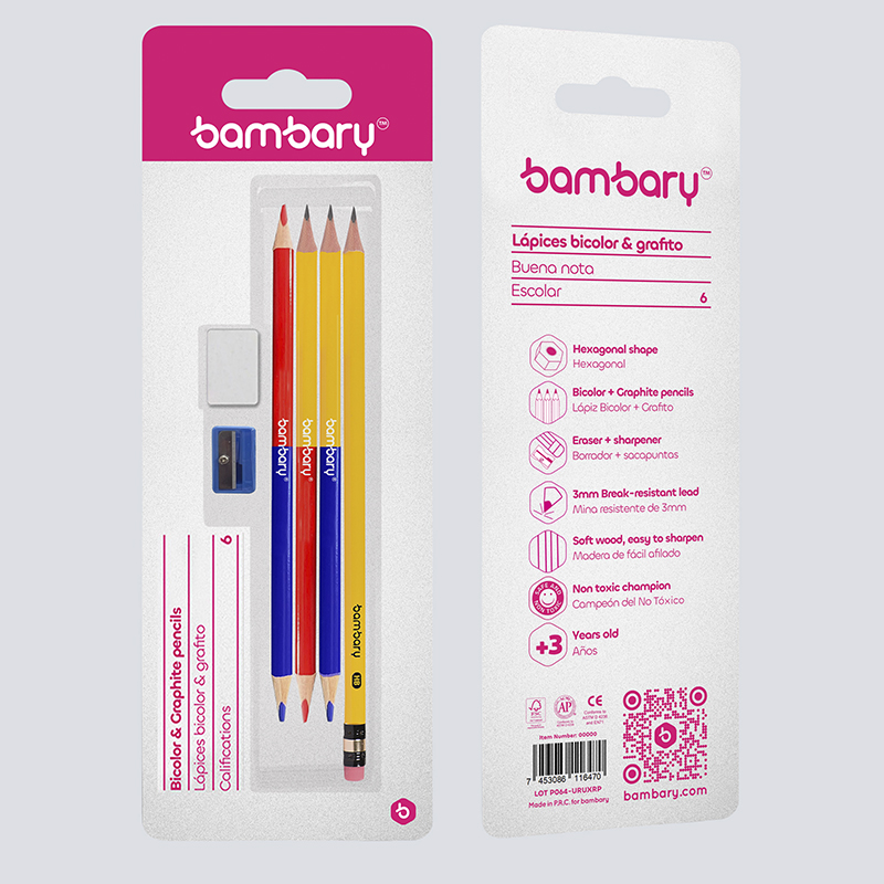 LAPICES BICOLOR & GRAFITO HEXAGONALES x4UND + SACAPUNTAS Y BORRADOR