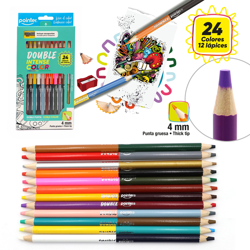 LAPICES DE COLORES +INTENSE DOBLE PUNTA 4mm x12PZS - CON SACAPUNTAS