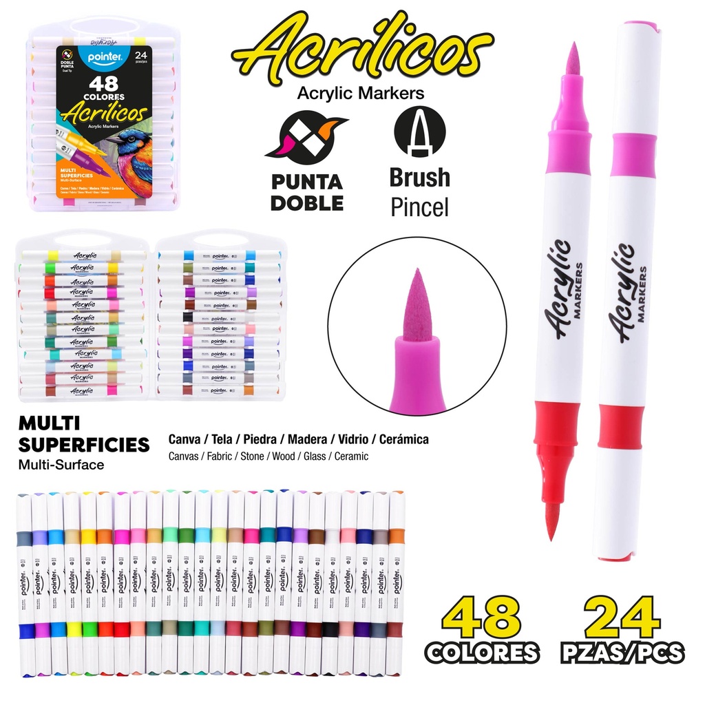 MARCADORES ACRILICOS DOBLE PUNTA x24 PZAS/x48 COLORES