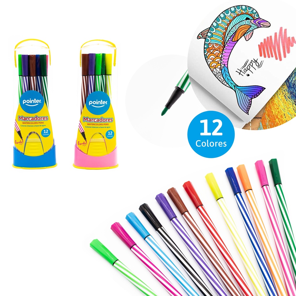 SET DE MARCADORES DELGADOS A BASE DE AGUA x12 COLORES