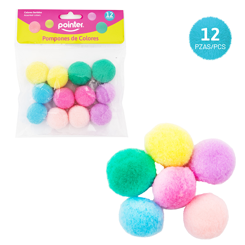POMPONES DE COLORES PASTELES SURTIDOS - x12PZAS