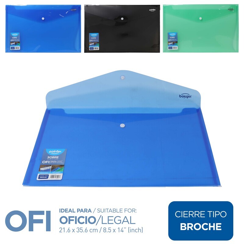 SOBRE PLASTICO TRANSPARENTE PORTADOCUMENTOS - OFICIO/LEGAL 21,6x35,6Cm