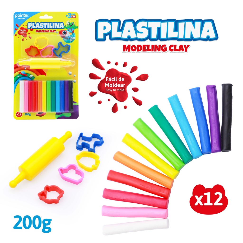 KIT DE PLASTILINAS PARA MOLDEAR x12 COLORES - CON RODILLO Y MOLDES DE FIGURAS