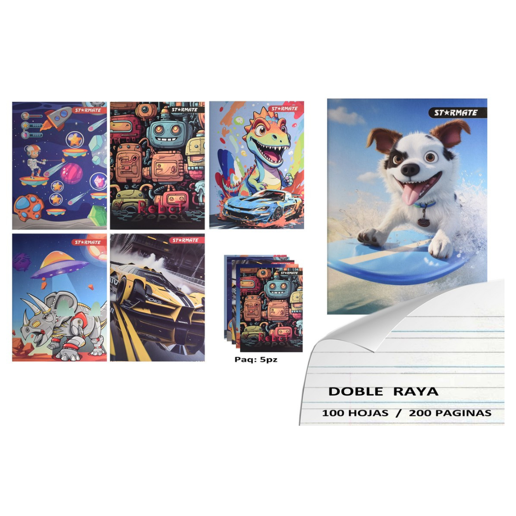 CUADERNO GRAPADO 14.2X20,DOBLE RAYA 100PAG.,DISEÑO/ NIÑOS