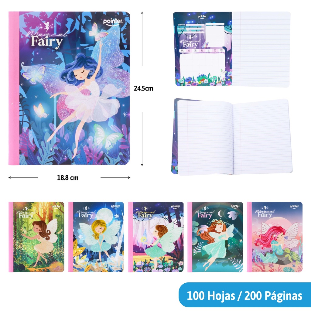 CUADERNO COSIDO RAYA ANCHA 200 PAGINAS (HADAS) GLITTER